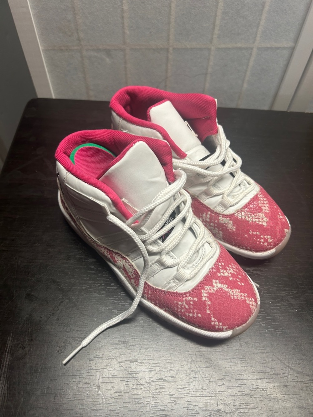 Jordan Kids High-Top Sneakers in White and Pink Snake-Print